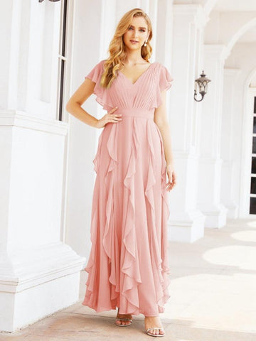 Robe de demoiselle d'honneur à volants et manches longues, robe de soirée formelle 28041 