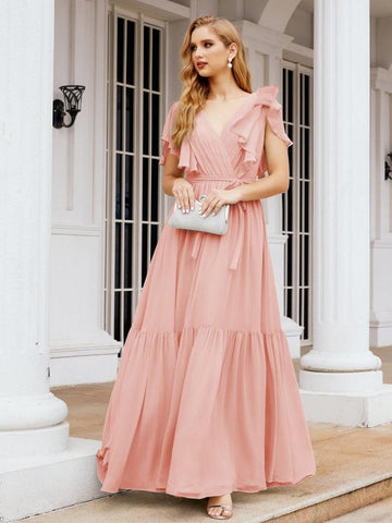 Baoleely Women's Open Back Formal Evening Party Prom Gowns V-Neck Long Chiffon Bridesmaid Dresses with Waist Belt 28038