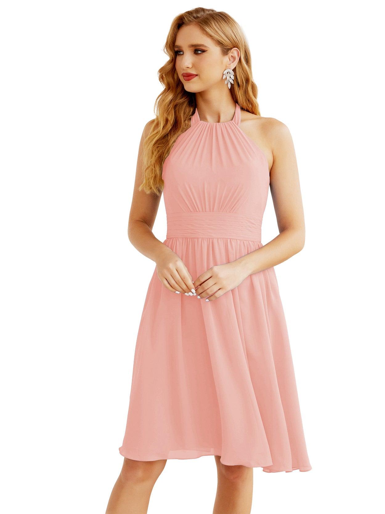 Numbersea Halter Chiffon Bridesmaid Dresses Short Sleeveless Formal Party Dress Open Back 28023