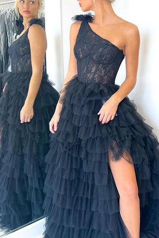A Line One Shoulder Tiered Long Prom Dress