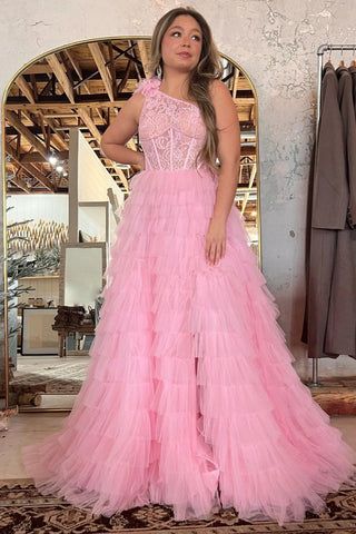 A Line One Shoulder Tiered Long Prom Dress