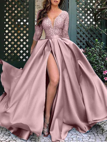 Robe de soirée bronzée à col en V et fente pour banquet 
