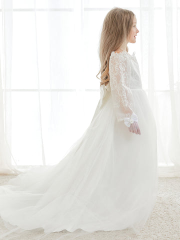 A-line Lace Tulle Floor-length Ivory Dress (2003227154)