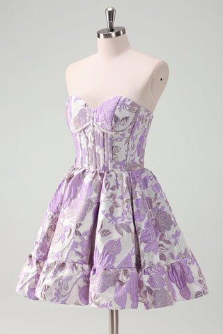 Vestido corto de fiesta sin tirantes, con estampado floral, corte en A, corsé y volantes