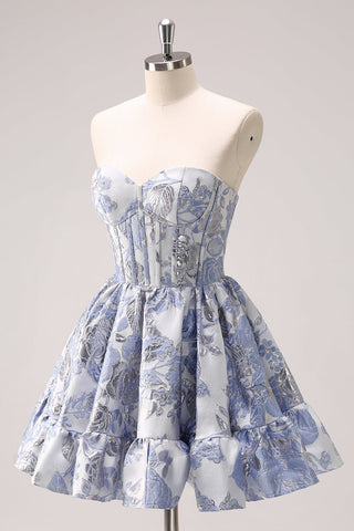 Robe de bal courte bleue à imprimé cœur et corset, coupe trapèze, avec volants