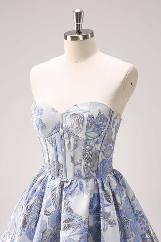 Robe de bal courte bleue à imprimé cœur et corset, coupe trapèze, avec volants