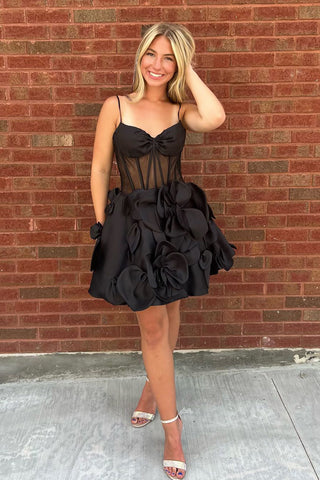 Vestido corto de fiesta sin tirantes, corte en A, corsé y flores 3D