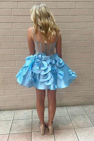 Vestido corto de fiesta sin tirantes, corte en A, corsé y flores 3D