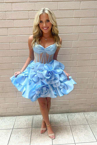 Vestido corto de fiesta sin tirantes, corte en A, corsé y flores 3D