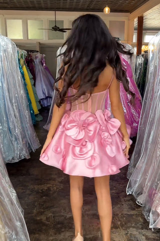 Vestido corto de fiesta sin tirantes, corte en A, corsé y flores 3D