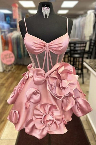 Vestido corto de fiesta sin tirantes, corte en A, corsé y flores 3D