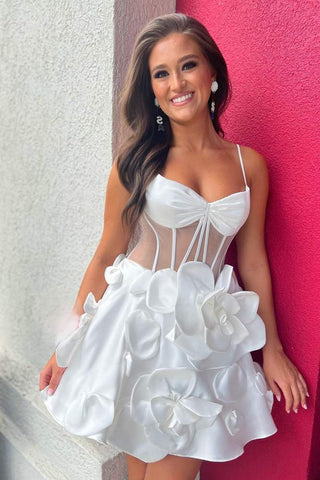 Vestido corto de fiesta sin tirantes, corte en A, corsé y flores 3D