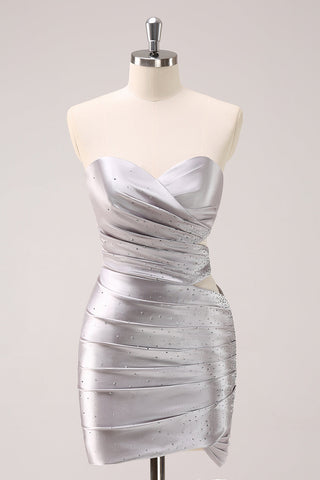 Glitter Silver Strapless Bodycon Satin Cut Out Short Homecoming Dress with Beading