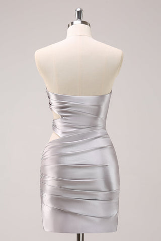 Glitter Silver Strapless Bodycon Satin Cut Out Short Homecoming Dress with Beading