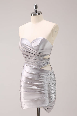 Glitter Silver Strapless Bodycon Satin Cut Out Short Homecoming Dress with Beading