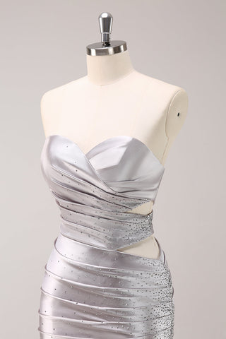 Glitter Silver Strapless Bodycon Satin Cut Out Short Homecoming Dress with Beading