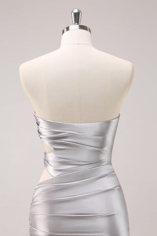 Glitter Silver Strapless Bodycon Satin Cut Out Short Homecoming Dress with Beading
