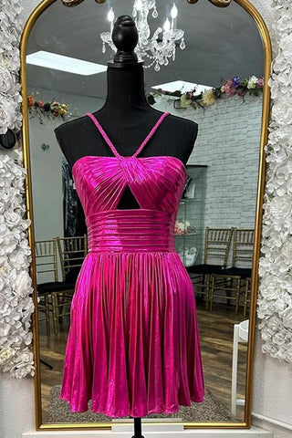 Vestido corto de fiesta plisado de corte A con tirantes finos metálicos