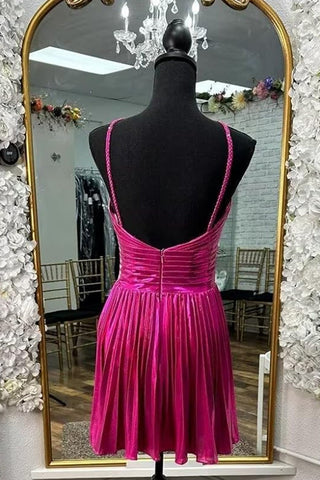 Vestido corto de fiesta plisado de corte A con tirantes finos metálicos