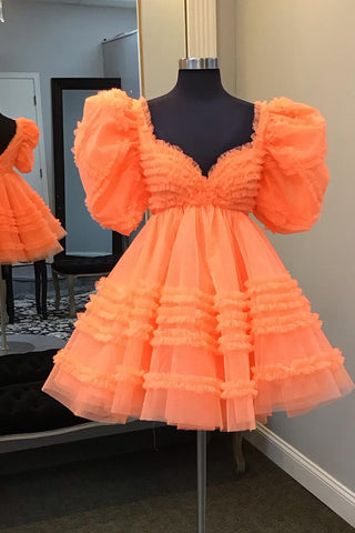 Vestido corto de tul de corte en A con mangas abullonadas para baile de bienvenida