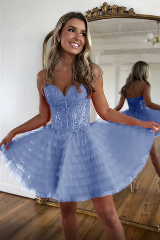 Sweetheart A-Line Tulle Tiered Corset Homecoming Dress with Appliques