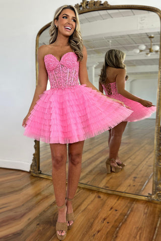 Sweetheart A-Line Tulle Tiered Corset Homecoming Dress with Appliques