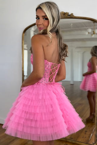 Sweetheart A-Line Tulle Tiered Corset Homecoming Dress with Appliques