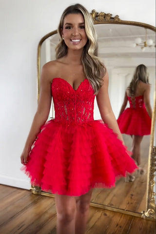 Sweetheart A-Line Tulle Tiered Corset Homecoming Dress with Appliques