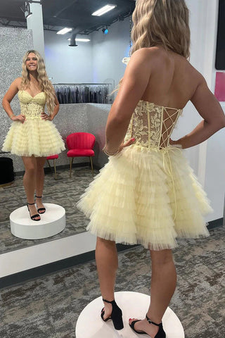 Sweetheart A-Line Tulle Tiered Corset Homecoming Dress with Appliques