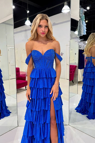 Glitter Royal  Off the Shoulder A-Line Tiered Long Corset Prom Dress with Beading