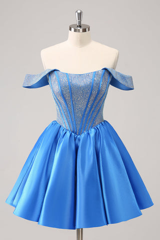 Robe de bal bleue mignonne à épaules dénudées et corset ornée de perles