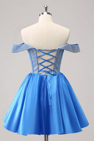 Robe de bal bleue mignonne à épaules dénudées et corset ornée de perles