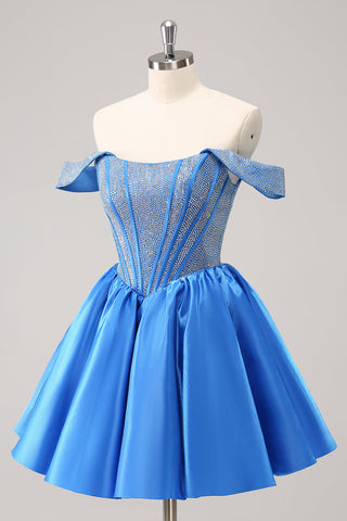 Robe de bal bleue mignonne à épaules dénudées et corset ornée de perles