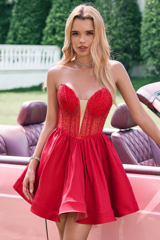 Strapless Satin A-Line Short Corset Homecoming Dress with Beading