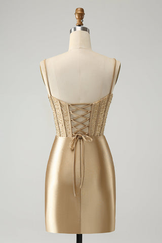 Gold Corset Short Homecoming Dress with Lace Up Back