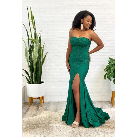 Vestido formal de noche con corte tubo/columna, sin tirantes, con lentejuelas y abertura, sin mangas