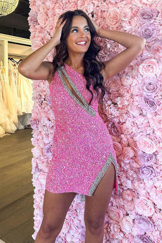 Vestido corto ajustado de lentejuelas con un solo hombro para fiesta de bienvenida