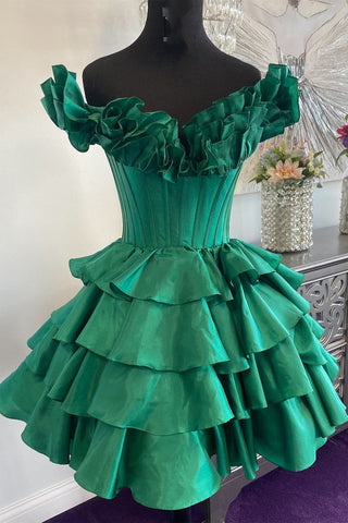 Vestido corto de fiesta dorado con hombros descubiertos, corte en A, corsé y volantes