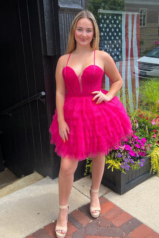 Robe de bal de promo à bretelles spaghetti, coupe trapèze, en tulle, corset court à volants