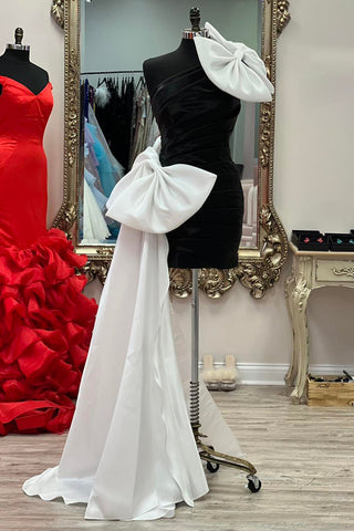 One Shoulder Satin Bodycon Short Homecoming Dress with Bow