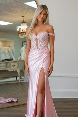 Blush Off the Shoulder Mermaid Satin Long Corset Prom Dress with Appliques