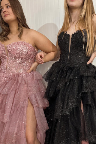 Sparkly  Sweetheart Tulle A-Line Tiered Long Corset Prom Dress with Appliques
