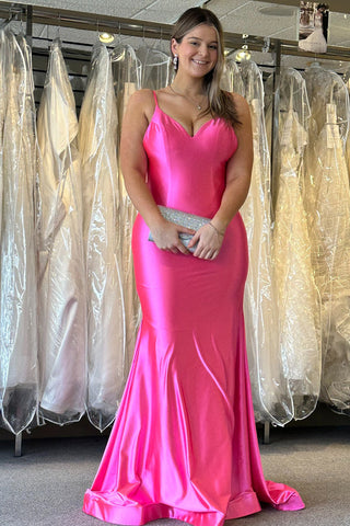 Spaghetti Straps Satin Mermaid Long Prom Dress with Open Back