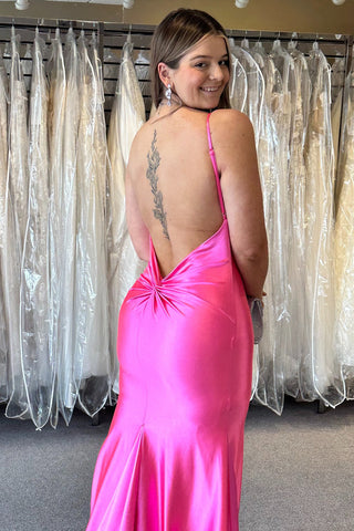 Spaghetti Straps Satin Mermaid Long Prom Dress with Open Back