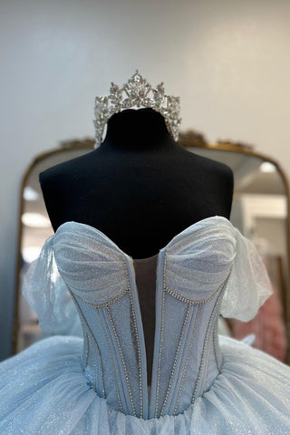 Sparkly Light Blue Off the Shoulder Tulle Princess Long Corset Prom Dress with Bow