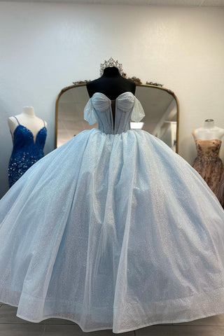 Sparkly Light Blue Off the Shoulder Tulle Princess Long Corset Prom Dress with Bow