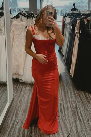 Red Spaghetti Straps Mermaid Satin Long Prom Dress with Open Back