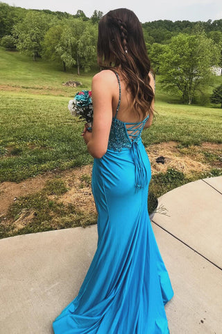 Turquoise Spaghetti Straps Mermaid Long Corset Prom Dress with Appliques