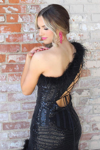 Sparkly One Shoulder Sequins Mermaid Long Prom Dress with Feather