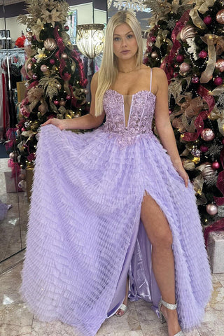 Lilac Spaghetti Straps A-Line Tulle Tiered Long Corset Prom Dress with Appliques